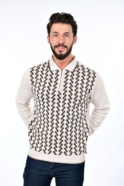 Kamalı Men's Steel Knit Shirt Collar Zippered Polo Collar Anti-Pilling Knitwear Winter Dad Sweater