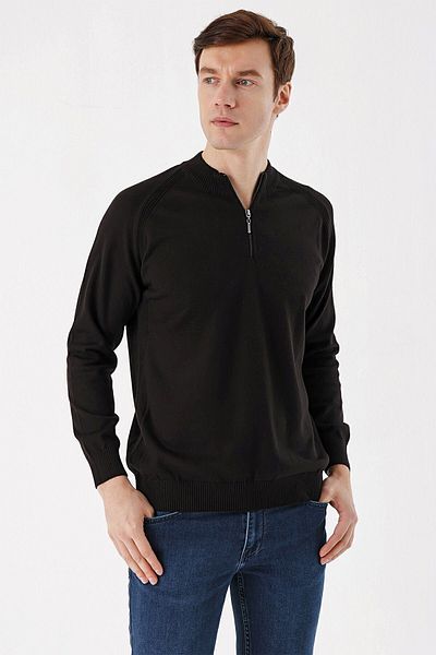 Morven Pulover negru pentru bărbați, cu fermoar, cu guler înalt, cu croiala dinamică, tricotaj cu model