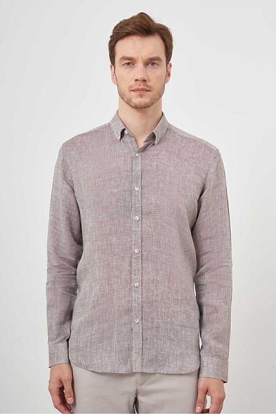 Morven Men's BROWN Linen Buttoned Collar Regular Fit Shirt