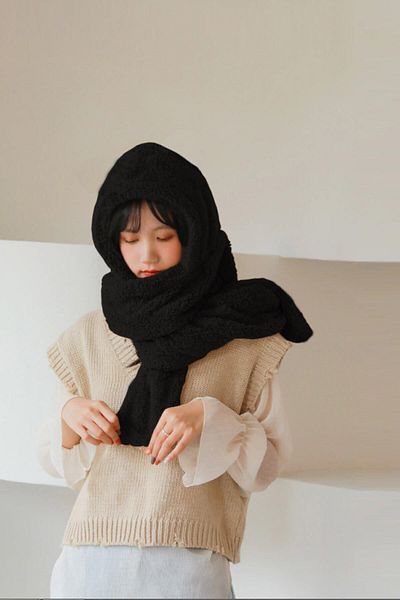 Bundera Scarf Black Hooded Women Plush Beanie Scarf Female Welsoft Fleece Neck Collar Shawl Windproof Hat