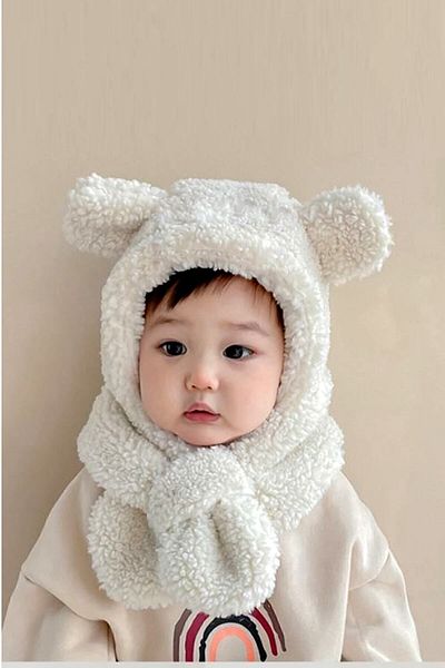 Bundeba Avis White Children's Hooded Plush Beanie Scarf Welsoft Neck Collar Windproof Hat with Ears