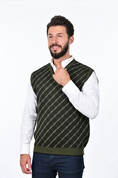 Kamalı Men's Khaki Sweater - Steel Knit Plaid Pattern, Thick Knitwear, V-Neck, Non-Pilling Regular Fit