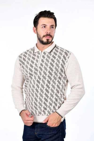 Kamalı Men's Steel Knit Shirt Collar Zippered Polo Collar Striped Pattern Non-Pilling Knitwear Winter Dad Sweater
