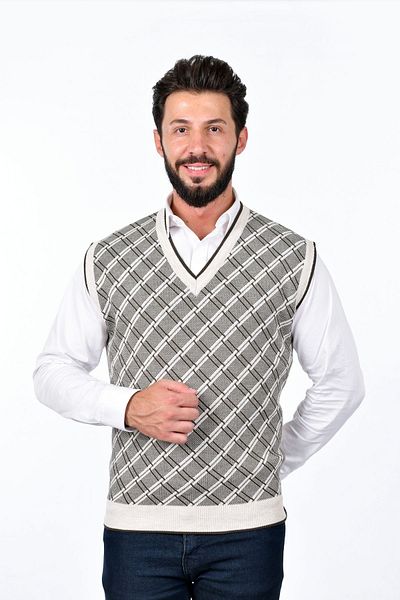 Kamalı Men's V-Neck Plaid Patterned Thick Knitwear Sweater - Non-Pilling Regular Fit