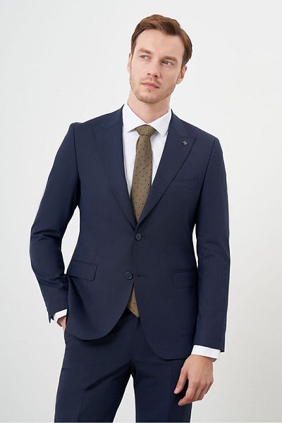 Morven Navy Blue Slim Fit Platinum 8-Drop Suit - Pointed Collar