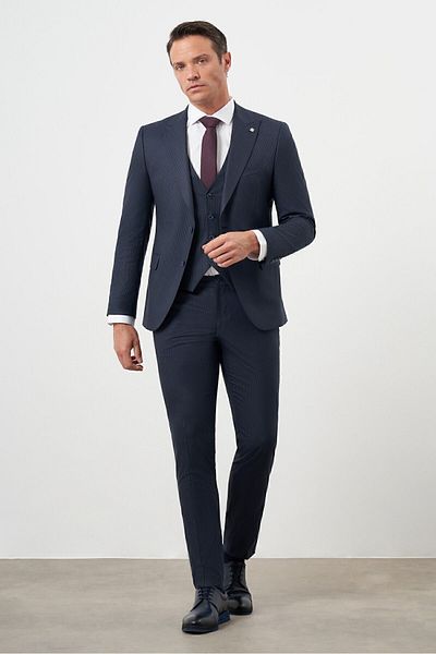 Morven Navy Blue Slim Fit Striped Polyviscon Suit - Men's, Pointed Collar with Vest