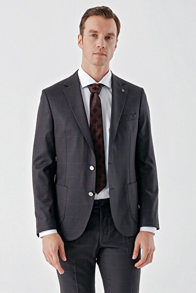 Morven Erkek Mürdüm Poliviskon Trend Ekoseli Slim Fit Mono Yaka Takım Elbise