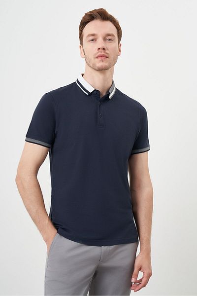 Morven Μπλουζάκι Navy Blue Compact Pique - Μονόχρωμο σχέδιο και γιακά με κουμπιά