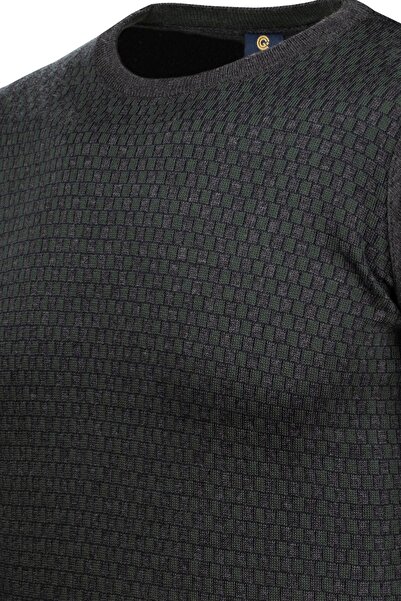 Çizgi Triko Ανδρικό ριγέ πλεκτό πουλόβερ - λαιμόκοψη, διακοσμημένα μπράτσα και λάστιχο μέσης, ατσάλινο πλεκτό - 5006C