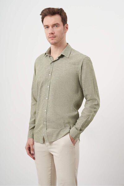 Morven Ανδρικό πουκάμισο με κανονική εφαρμογή με πράσινο λινό ριγέ γιακά