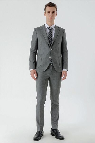 Morven Costum pentru bărbați, gri din polivâscoză, cu model la modă, slim fit, cu guler mono