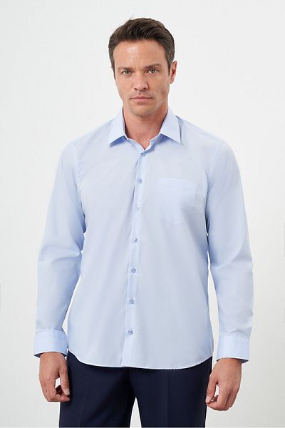 Morven Men's A. Blue Basic Plain Pattern Pocket Hard Collar Regular Fit Shirt
