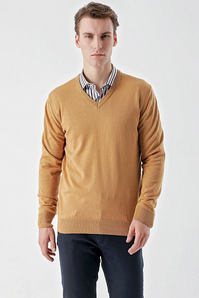 Morven Мъжки Camel Basic V-образно деколте Dynamic Fit Удобна кройка трикотаж