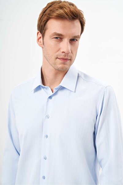 Morven Ανδρικό πουκάμισο A. ΜΠΛΕ Basic με απλό σχέδιο με σκληρό γιακά και κανονική εφαρμογή