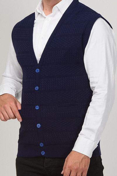 Kamalı Men's V-Neck - Hair Knit Straw Vest with Buttons and Pockets, Premium Non-Pilling Knit
