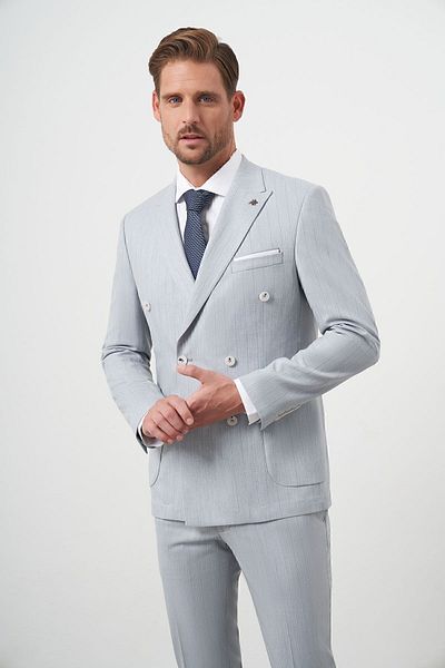 Morven Costum pentru bărbați, albastru Polyviscon Trend, la două piepturi, slim fit, cu guler ascuțit