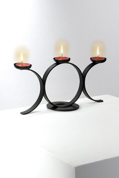 Bundera Siyah Çember Model Dekoratif Metal Ferforje Tealight Mum Dahil Şamdan Mumluk