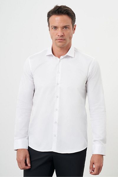 Morven Men's White Cotton Plain Pattern Italian Lapel Slim Fit Shirt