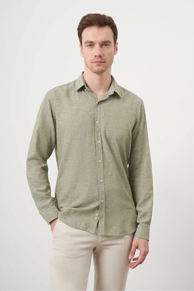 Morven Ανδρικό πουκάμισο με κανονική εφαρμογή με πράσινο λινό ριγέ γιακά