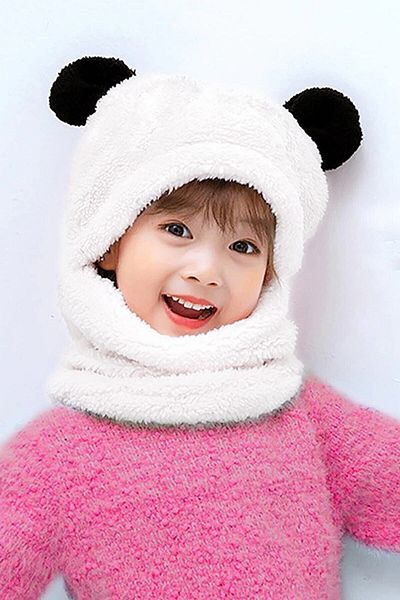 Bundeba Panda Children's Hooded Plush Beanie Scarf Welsoft Neck Collar Windproof Hat with Ears 10-14 Years