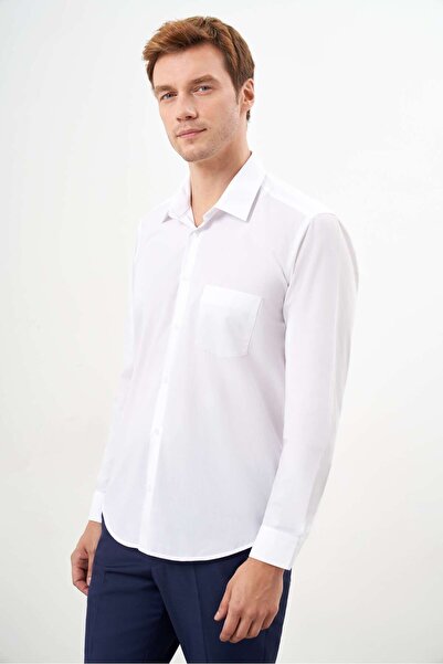 Morven Ανδρικό πουκάμισο με λευκό βασικό μονόχρωμο σκληρό γιακά με τσέπες κανονική εφαρμογή