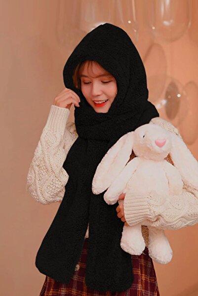Bundera Scarf Black Hooded Women Plush Beanie Scarf Female Welsoft Fleece Neck Collar Shawl Windproof Hat