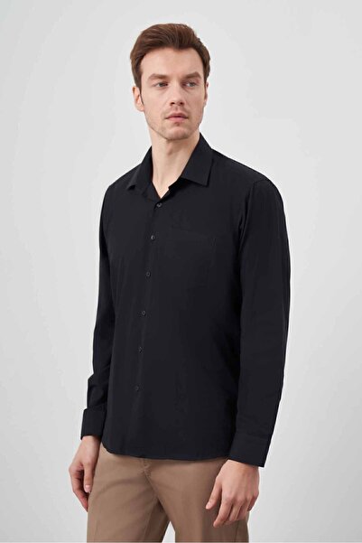 Morven Cămașă neagră pentru bărbați, cu model simplu, cu buzunar, cu gât rigid