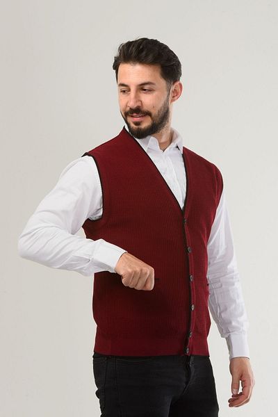 Kamalı Claret Red Men's V-Neck Knitwear Buttoned Pocket Line Patterned Regular Fit Non-Pilling Knitted Vest