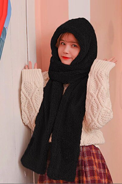 Bundera Scarf Black Hooded Women Plush Beanie Scarf Female Welsoft Fleece Neck Collar Shawl Windproof Hat