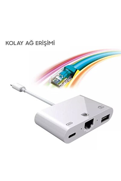 TahTicMer Lightning 3in1 Ethernet Rj45 Ve Usb Kamera Ethernet Kamera Çevirici Kamera Okuyucu Otg Pd Usb