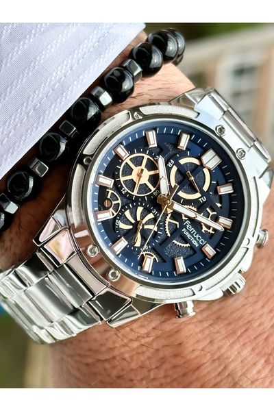 Ferrucci Navy Blue Steel Cord Men's Wristwatch - Calendar Rosary Bracelet with Dial Function