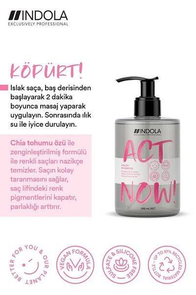 Indola Act Now! Color Protective Shampoo with Chia Seed Extract - Vegan, Sulfate Free 300ml