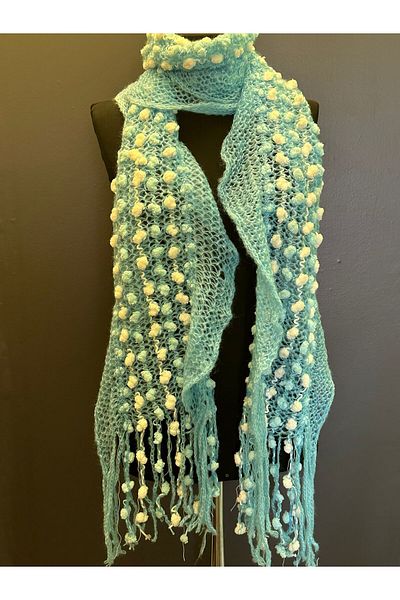Gönülden Tasarım Eșarfă șal damă tricotată manual cu pompon din catifea - 175x35 cm