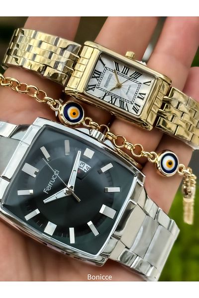 Ferrucci Brand Silver Color Steel Strap Lover Couple Wristwatch + bracelet