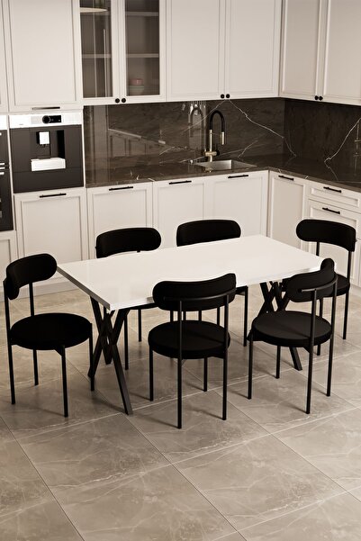 Evdemo Trend 6 Kişilik Mutfak Masa Takımı Beyaz-Siyah-Siyah