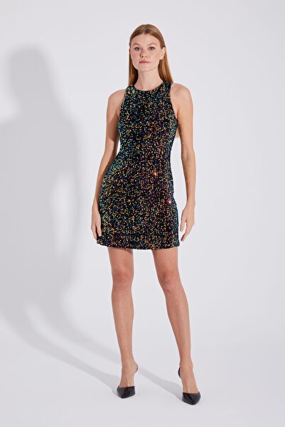 ONE8 Party Elbisesi Pul Payetli Kadife Kumaş Sırt Dekolte Astarlı Mini Elbise