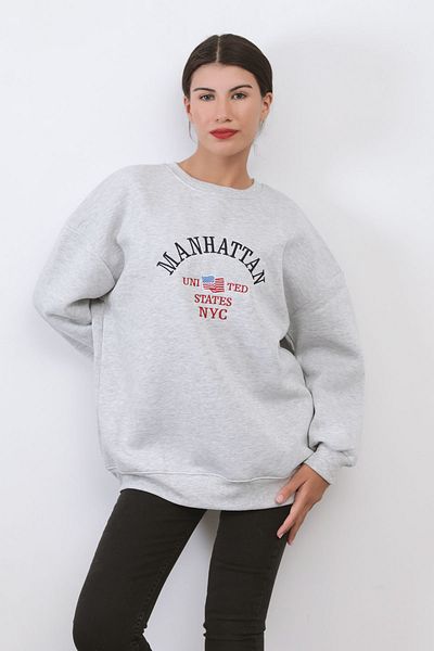 GİYSA Дамски суитшърт Manhattan Embroidered Oversize - с кръгло деколте, оребрен снежен меланж - 9000