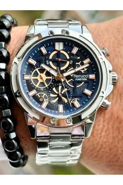 Ferrucci Navy Blue Steel Cord Men's Wristwatch - Calendar Rosary Bracelet with Dial Function