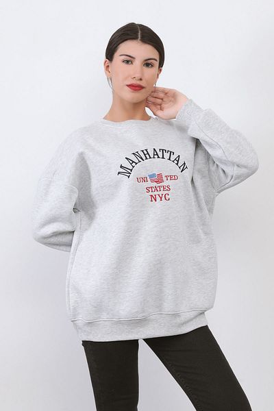 GİYSA Дамски суитшърт Manhattan Embroidered Oversize - с кръгло деколте, оребрен снежен меланж - 9000