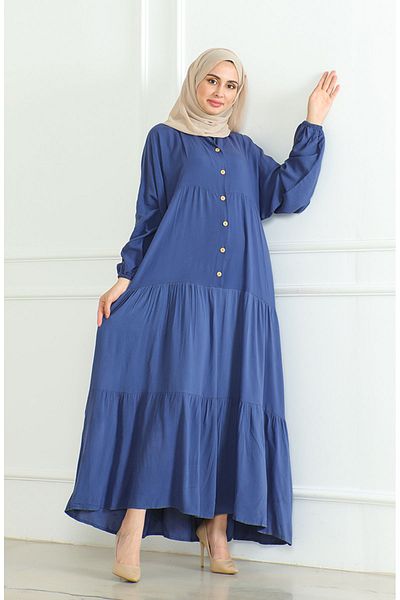sefamerve Indigo Sleeve Elastic and Buttoned Dress - 0463-09