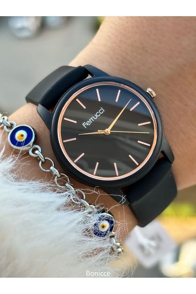 Ferrucci Black Soft Silicone Cord Women's Wristwatch and Narz Beaded Bracelet