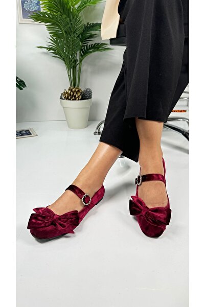 Nstil Burgundy Velvet Women's Shoes - Bow, Ballerina, Flats, Single Band Buckle, Oval Toe, Serrated Sole 283
