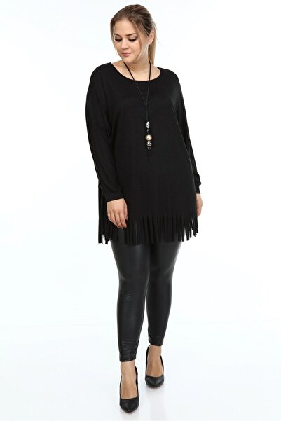 Zer Otantik Saçaklı Büyük Beden Beden Tunik Siyah