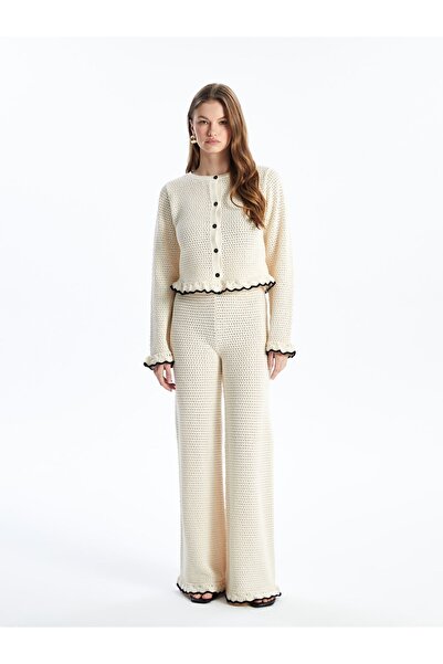 Dexia Πλεκτό παντελόνι Amora Ecru - Φαρδύ πόδι και λεπτομέρεια πλεξίματος