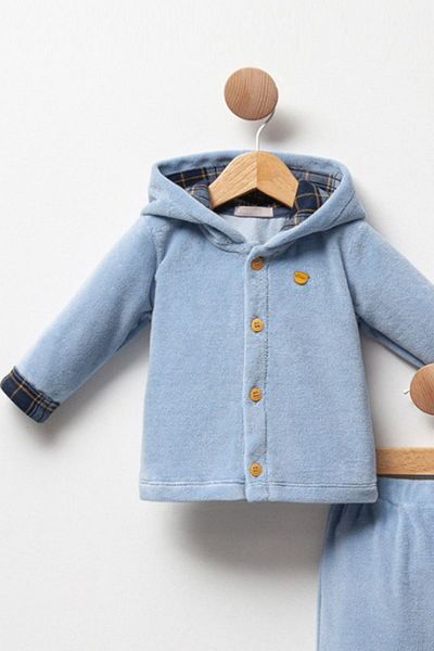 Cassiope Soft Touch Plaid Detailed Hooded 2-Piece Set for Baby Boy - Front Button and Elastic Waist