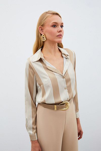 Sateen Beige Color Striped Patterned Shirt