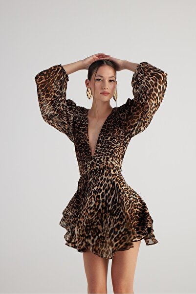 HOLLY LOLLY Leopar Desenli V Yaka Mini Janet Elbise Kahve