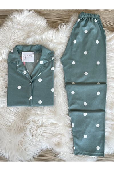 Pijamacs Set de pijamale cu mânecă lungă, guler de cămașă din piele intoarsa verde - model cu buline