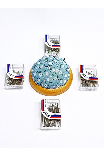 ATMACA TUHAFİYE 200 Adet Paslanmaz Gümüş Başlı Toplu Iğne Ve Ahşap Tabanlı İğ...