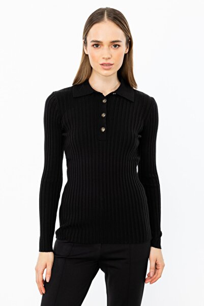 ON Pulover din tricotaj cu nervuri - Guler cu nasturi